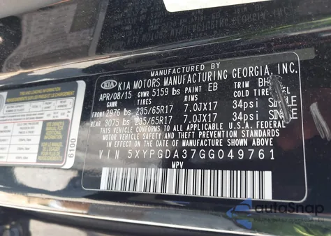 2016 Kia Sorento 2.4L Lx z USA, uszkodzony, nr VIN 5XYPGDA37GG049761